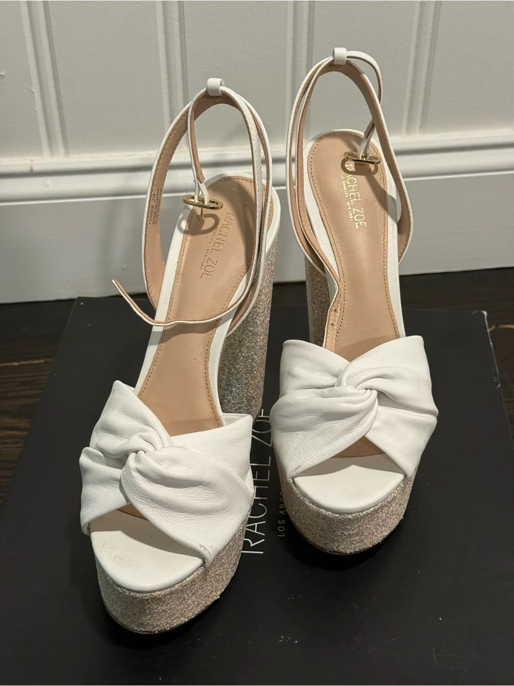 Rachel Zoe White Claudette Platform Sandals with Glitter Heel US 9